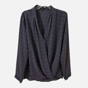 Ann Taylor Long Sleeve Deep V Draped Pattern Blouse Small Cuff with Button 🟦⬜️